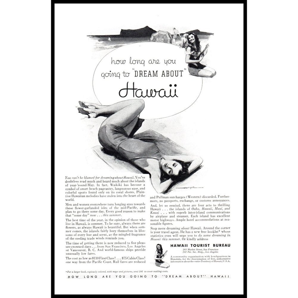 1934 Hawaii Tourist Bureau Vintage Print Ad Woman Beach Hawaiian Vacation Art